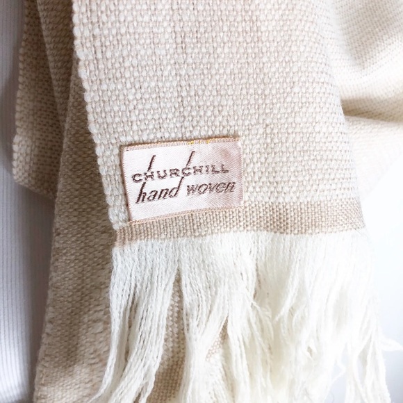 Churchill Handwoven Shawl Scarf tan knit fringe 63"x27" - Picture 2 of 10
